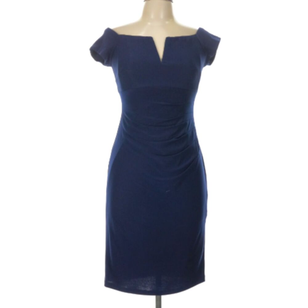 Xscape Evening Cocktail Dress Navy Blue Ruched Hip Boned V Notch Neckline Stretc